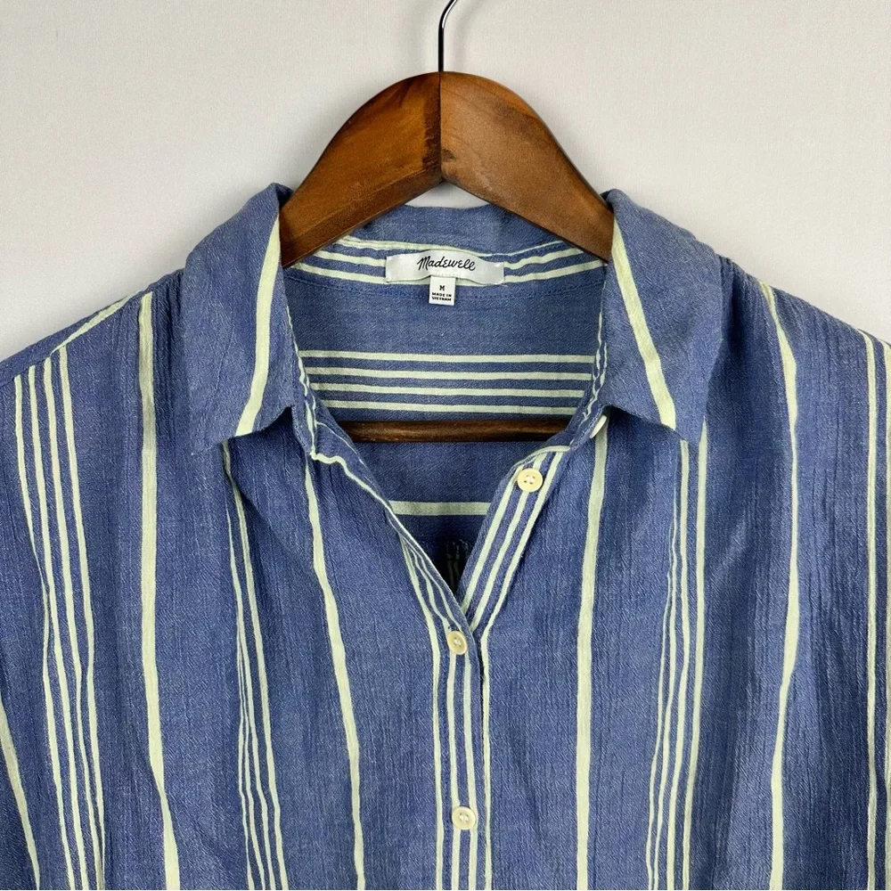 MADEWELL Central Shirt Stripe Crinkle Cotton Button Down Shirt Blue Stone - Picture 5 of 12